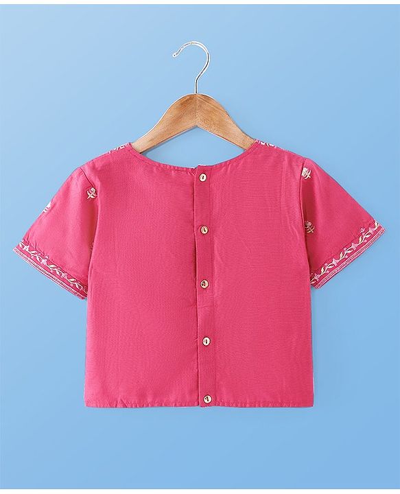 Pine Kids Woven Half Sleeves Choli Lehenga & Dupatta Set with Floral Embroidery & Foil Print - Pink