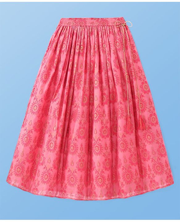 Pine Kids Woven Half Sleeves Choli Lehenga & Dupatta Set with Floral Embroidery & Foil Print - Pink