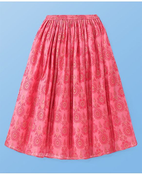 Pine Kids Woven Half Sleeves Choli Lehenga & Dupatta Set with Floral Embroidery & Foil Print - Pink