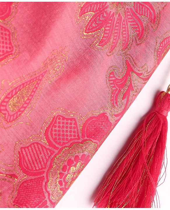 Pine Kids Woven Half Sleeves Choli Lehenga & Dupatta Set with Floral Embroidery & Foil Print - Pink