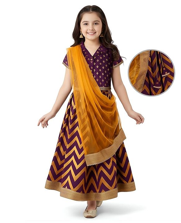 Pine Kids Woven Half Choli Lehenga & Dupatta Set With Foil Print & Tassel Detailing - Wine