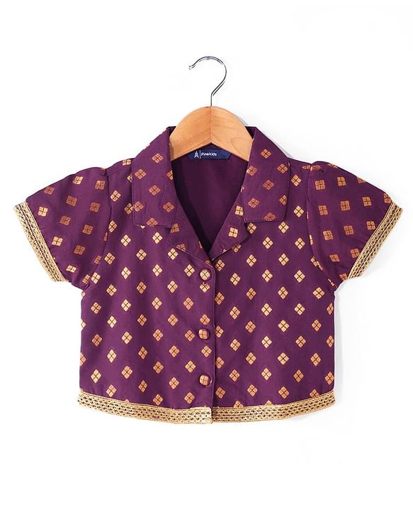 Pine Kids Woven Half Choli Lehenga & Dupatta Set With Foil Print & Tassel Detailing - Wine