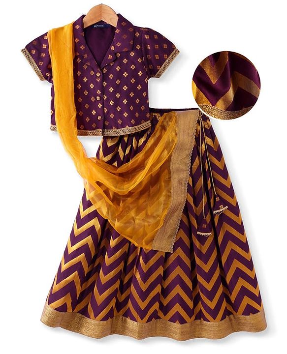 Pine Kids Woven Half Choli Lehenga & Dupatta Set With Foil Print & Tassel Detailing - Wine