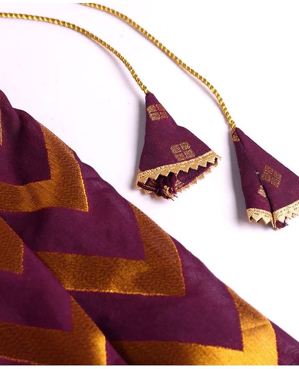 Pine Kids Woven Half Choli Lehenga & Dupatta Set With Foil Print & Tassel Detailing - Wine