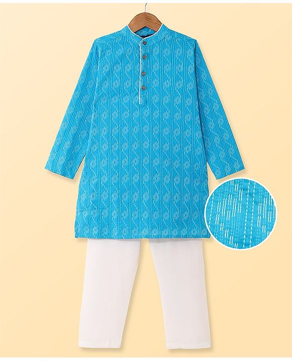 Pine Kids Cotton Woven Full Sleeves Solid Kurta Pyjama Set - Light Blue