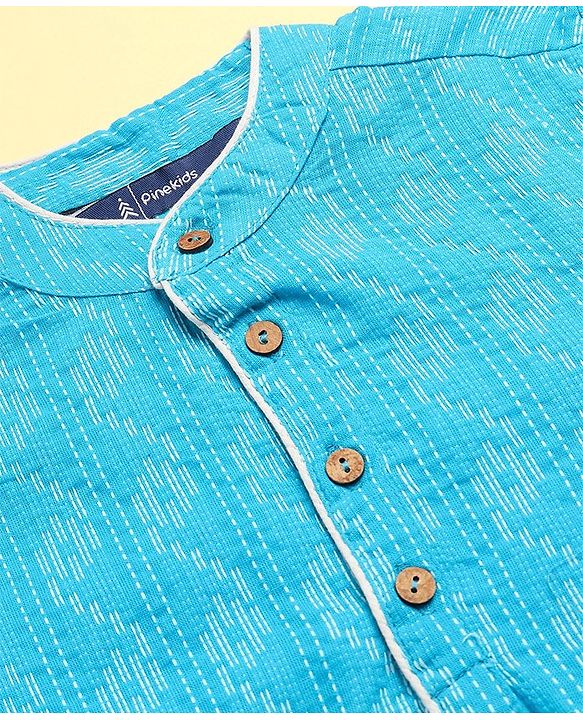 Pine Kids Cotton Woven Full Sleeves Solid Kurta Pyjama Set - Light Blue