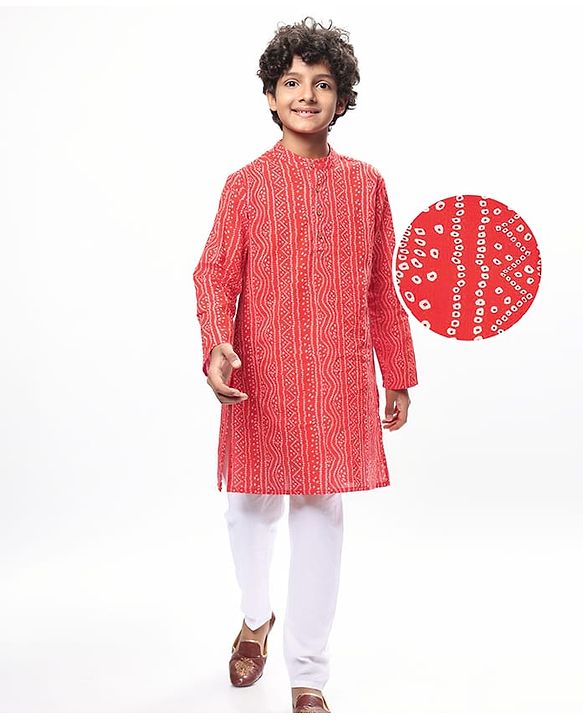 Pine Kids Cotton Woven Full Sleeves Kurta Pyjama Set with Bandhani Print - Red