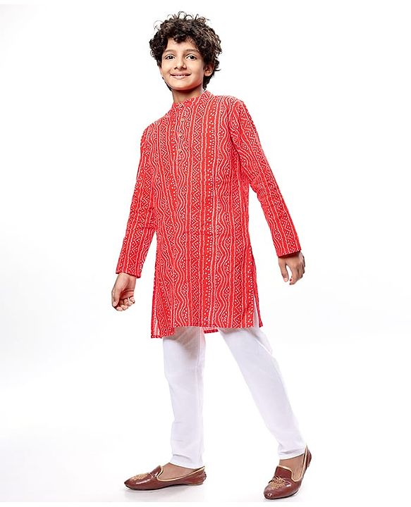 Pine Kids Cotton Woven Full Sleeves Kurta Pyjama Set with Bandhani Print - Red