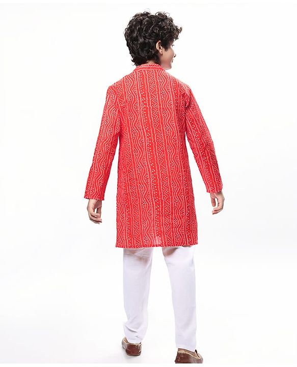 Pine Kids Cotton Woven Full Sleeves Kurta Pyjama Set with Bandhani Print - Red