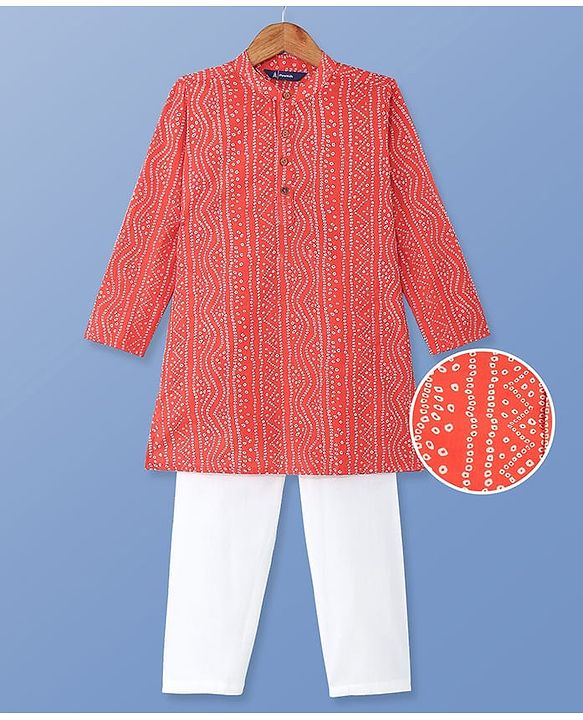 Pine Kids Cotton Woven Full Sleeves Kurta Pyjama Set with Bandhani Print - Red
