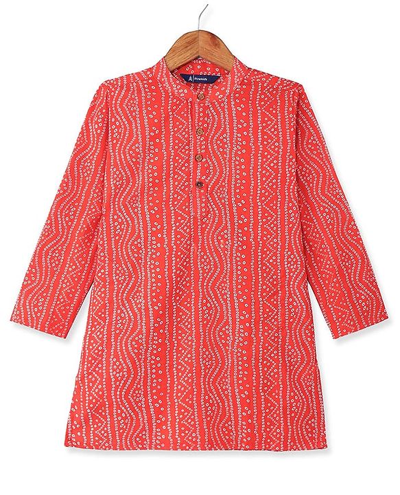 Pine Kids Cotton Woven Full Sleeves Kurta Pyjama Set with Bandhani Print - Red