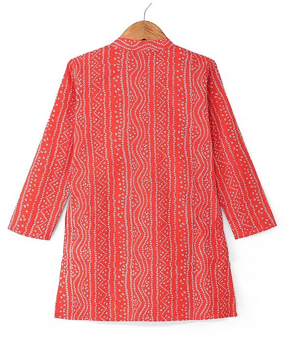 Pine Kids Cotton Woven Full Sleeves Kurta Pyjama Set with Bandhani Print - Red