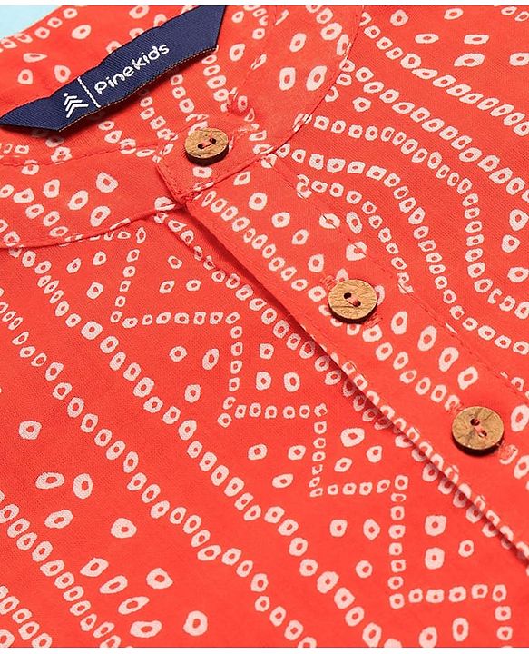 Pine Kids Cotton Woven Full Sleeves Kurta Pyjama Set with Bandhani Print - Red