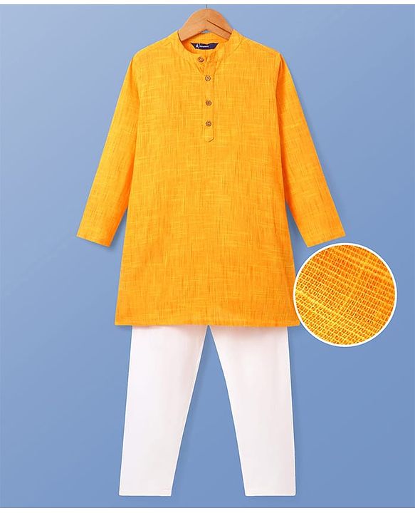 Pine Kids Cotton Woven Solid Kurta Pyjama Set - Mustard