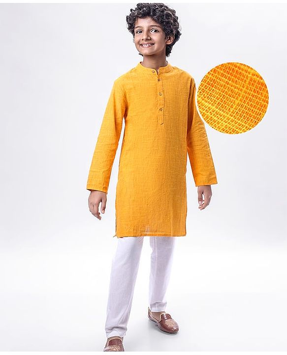 Pine Kids Cotton Woven Solid Kurta Pyjama Set - Mustard