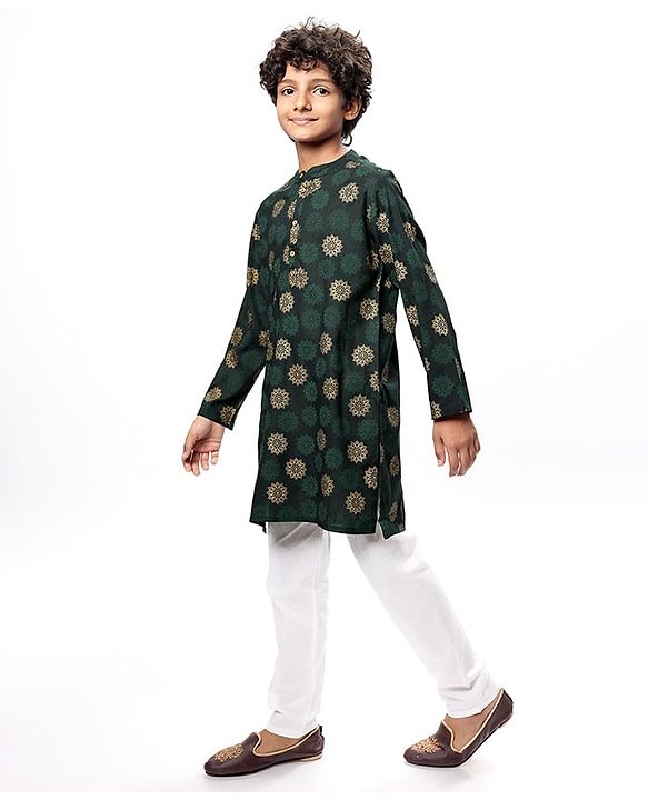 Pine Kids Cotton Woven Full Sleeves Kurta Pyjama Set Foil Print - Dark Green