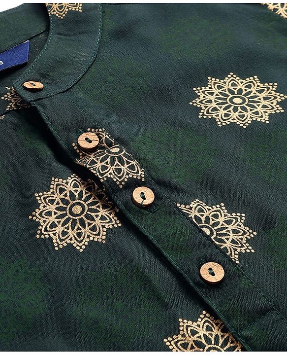 Pine Kids Cotton Woven Full Sleeves Kurta Pyjama Set Foil Print - Dark Green