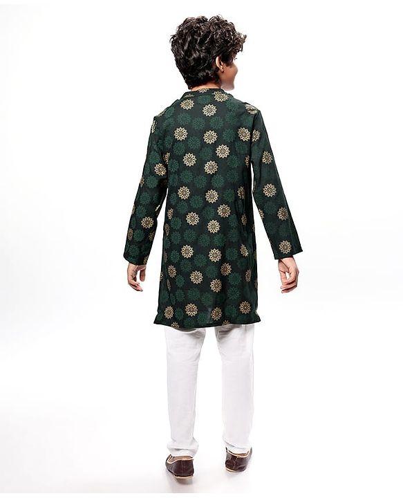 Pine Kids Cotton Woven Full Sleeves Kurta Pyjama Set Foil Print - Dark Green