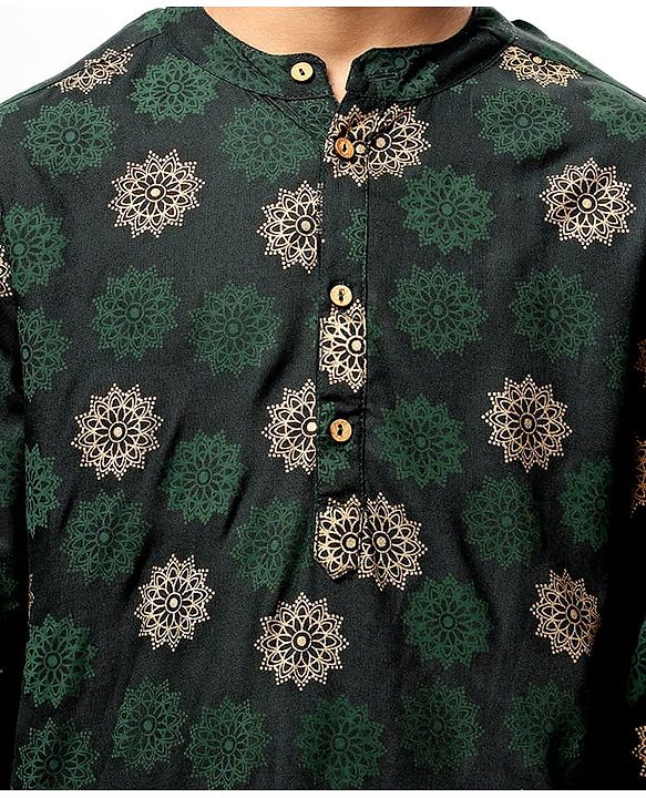 Pine Kids Cotton Woven Full Sleeves Kurta Pyjama Set Foil Print - Dark Green
