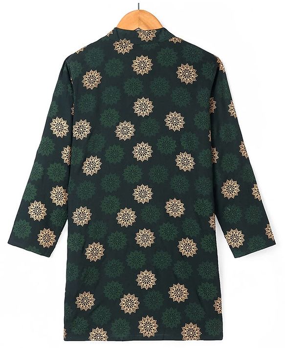 Pine Kids Cotton Woven Full Sleeves Kurta Pyjama Set Foil Print - Dark Green