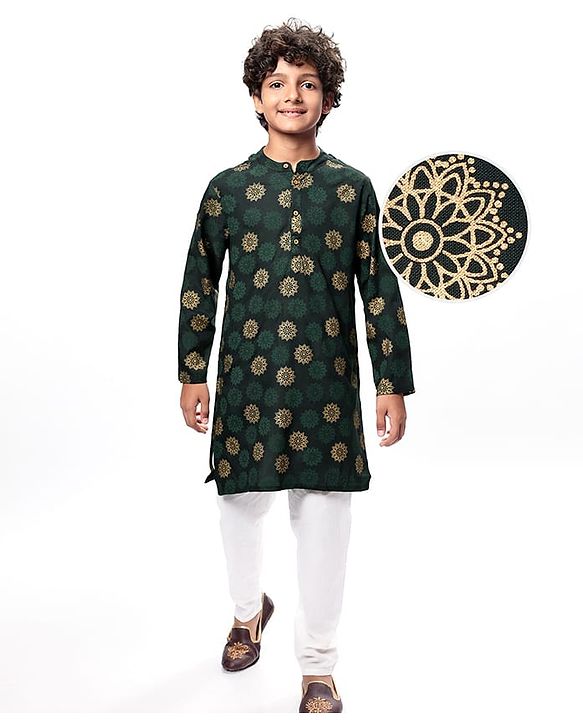 Pine Kids Cotton Woven Full Sleeves Kurta Pyjama Set Foil Print - Dark Green