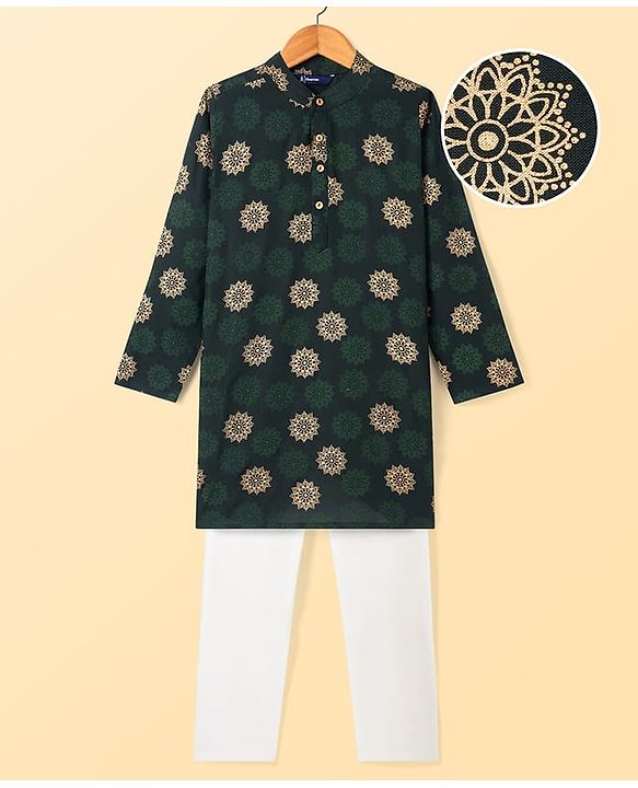 Pine Kids Cotton Woven Full Sleeves Kurta Pyjama Set Foil Print - Dark Green