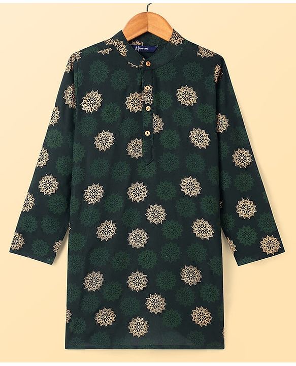 Pine Kids Cotton Woven Full Sleeves Kurta Pyjama Set Foil Print - Dark Green