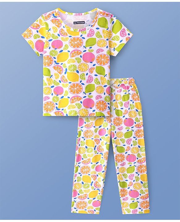 Pine Kids Single Jersey Knit Half Sleeves Night Suit With Fruits Print - Multicolor