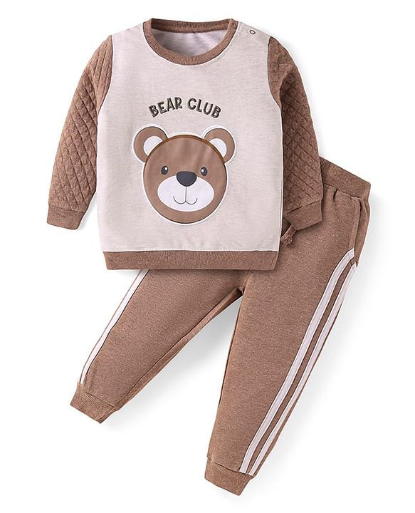 Babyhug Terry Knit Full Sleeves Sweatshirt & Joggers Set with Bear Patch Detailing - Brown