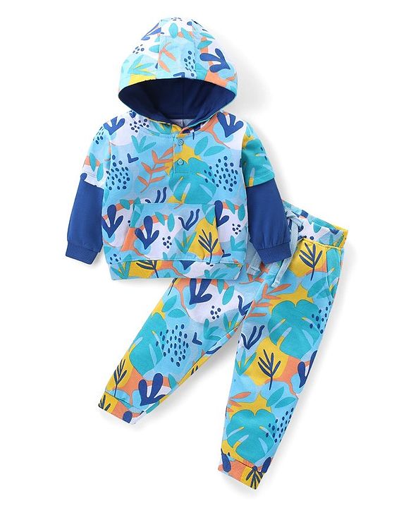 Babyhug Cotton Knit Full Sleeves Hooded Printed T-Shirt With Kangaroo Pocket & Lounge Pants Co-Ord Set - Multicolor