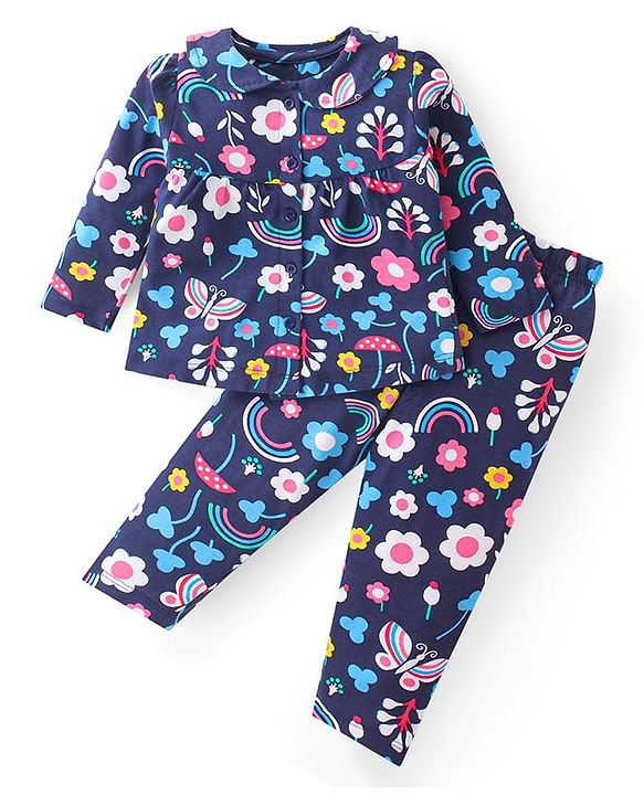 Babyhug Cotton Knit Full Sleeves Peter Pan Collared Night Suit With Floral Print - Navy