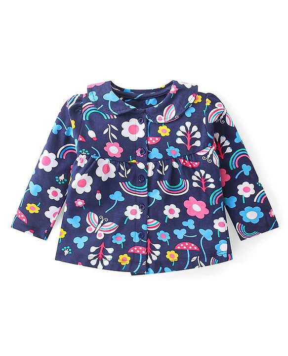 Babyhug Cotton Knit Full Sleeves Peter Pan Collared Night Suit With Floral Print - Navy