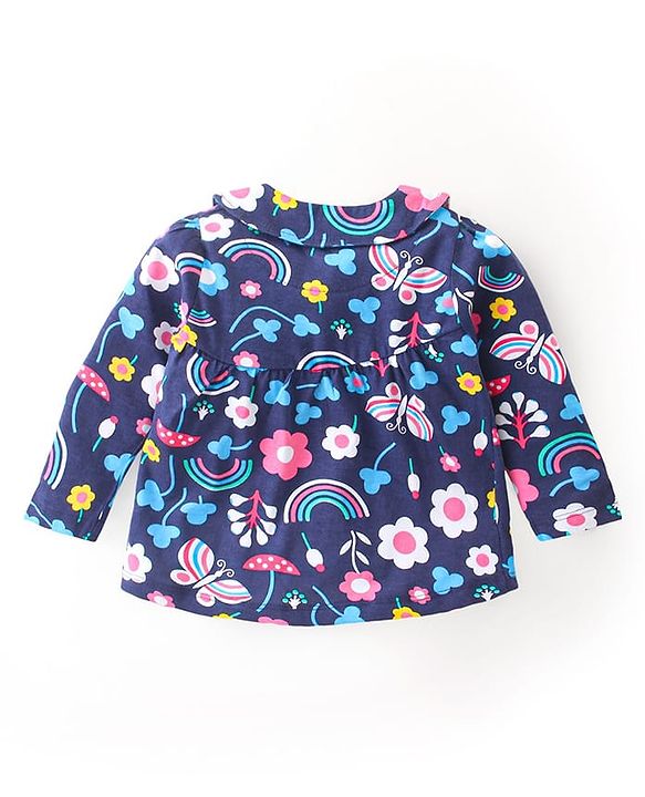 Babyhug Cotton Knit Full Sleeves Peter Pan Collared Night Suit With Floral Print - Navy