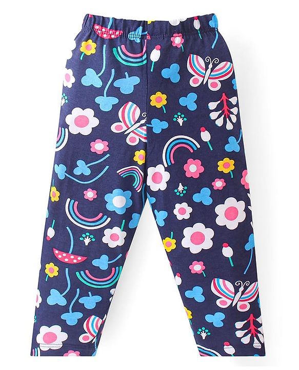 Babyhug Cotton Knit Full Sleeves Peter Pan Collared Night Suit With Floral Print - Navy