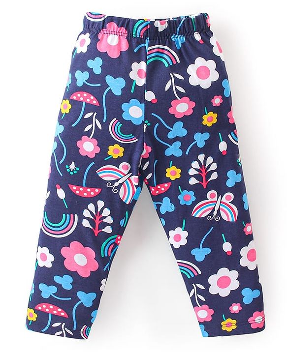 Babyhug Cotton Knit Full Sleeves Peter Pan Collared Night Suit With Floral Print - Navy