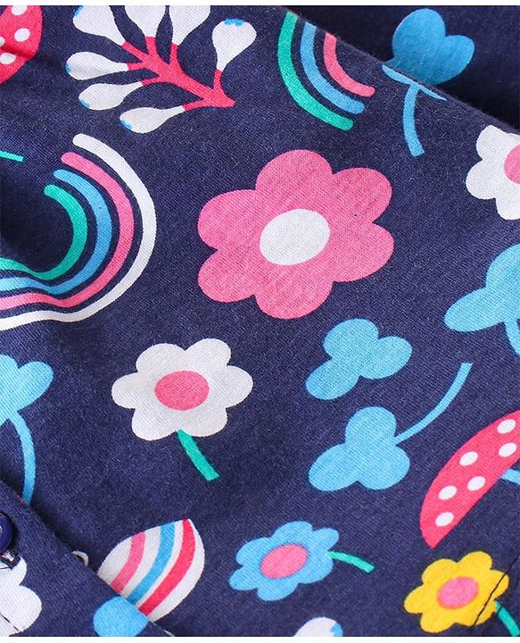 Babyhug Cotton Knit Full Sleeves Peter Pan Collared Night Suit With Floral Print - Navy