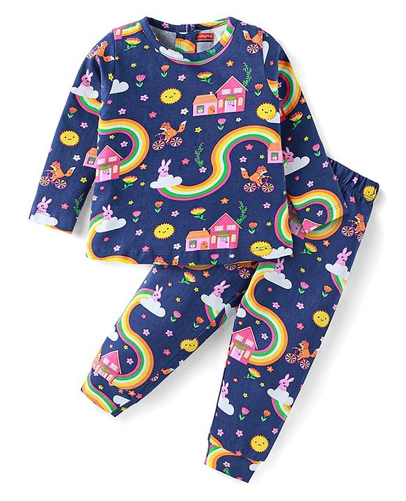 Babyhug Cotton Interlock Knit Full Sleeves Front Open Night Suit Space Print - Navy Blue