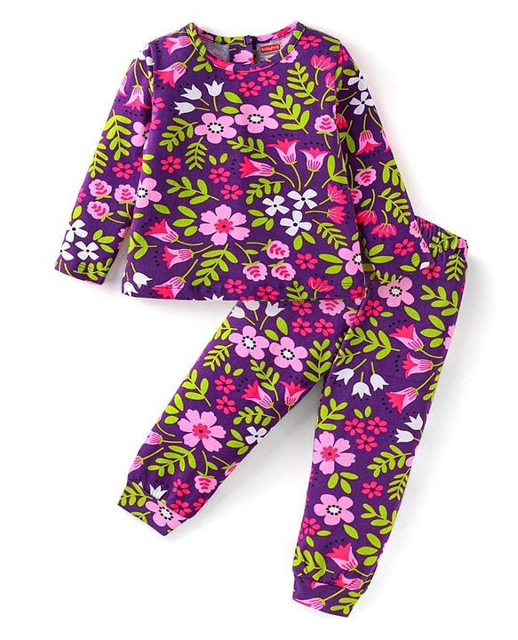 Babyhug Cotton Knit Full Sleeves Floral Printed Night Suit - Purple