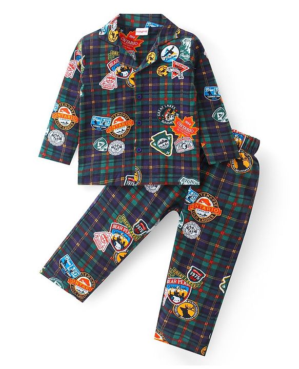 Babyhug Cotton Knit Full Sleeves Checkered Night Suit With Camping Theme Print - Navy & Dark Green