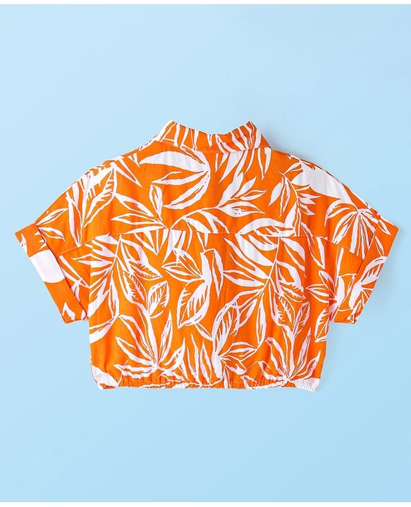 Babyhug Rayon Woven Front Open Half Sleeves Top with Knot Detailing & Abstract Print - Orange
