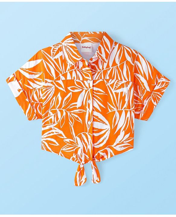 Babyhug Rayon Woven Front Open Half Sleeves Top with Knot Detailing & Abstract Print - Orange