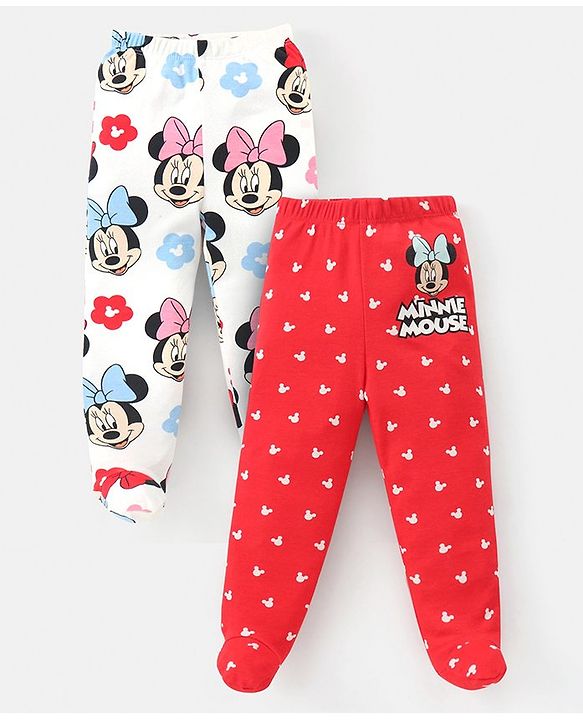 Babyhug Disney Cottton Knit Footed Diaper Leggings With Minnie Mouse Graphics Pack Of 2 - Red & White