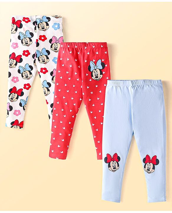 Babyhug Disney Lycra Knit Full Length Leggings With Minnie Mouse Graphics Pack of 3 - Red White & Light Grey