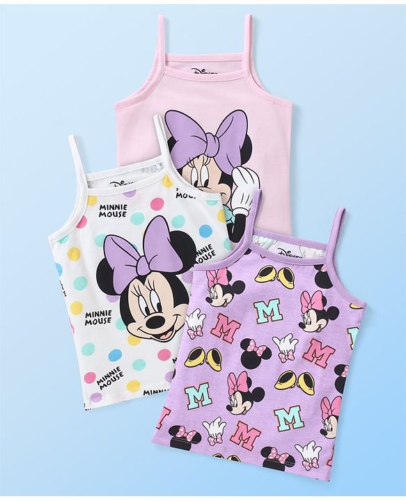 Babyhug Disney Interlock Knit Sleeveless Slips with Minnie Mouse Graphics Pack of 3 - Pink White & Purple