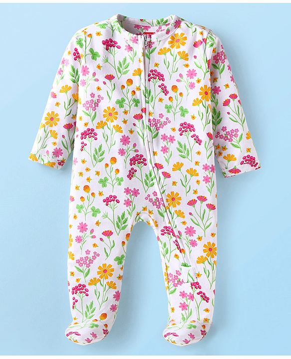 Babyhug Cotton Knit Full Sleeves Footed Sleep Suits with Fruits Print & Stripes Pack of 2 - Navy Blue & Yellow main image 1
