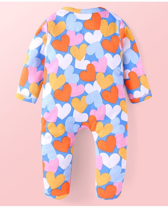 Babyhug Cotton Knit Full Sleeves Sleep Suit With Heart Print - Light Blue