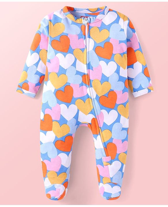 Babyhug Cotton Knit Full Sleeves Sleep Suit With Heart Print - Light Blue