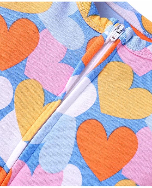 Babyhug Cotton Knit Full Sleeves Sleep Suit With Heart Print - Light Blue