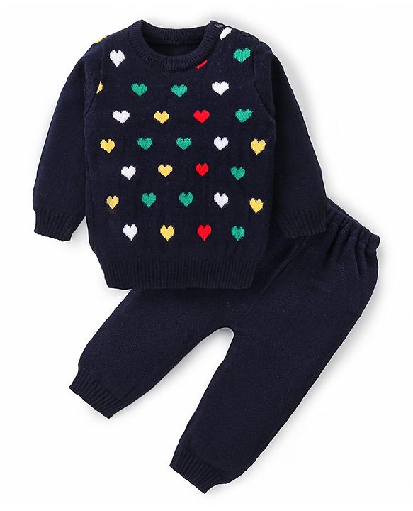 Babyhug Knitted Full Sleeves Pullover Sweater Set With Heart Design - Navy