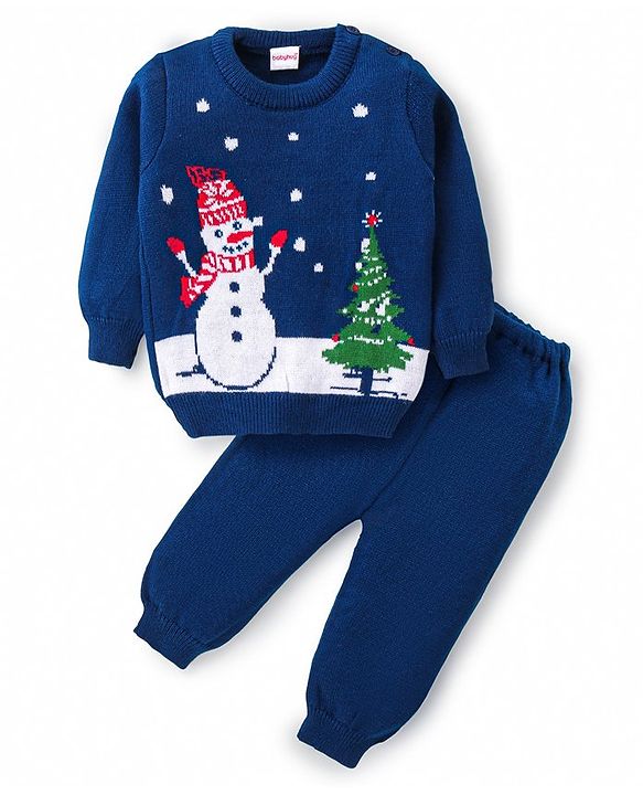 Babyhug Knitted Full Sleeves Pullover Sweater Set With Christmas Theme Design - Navy